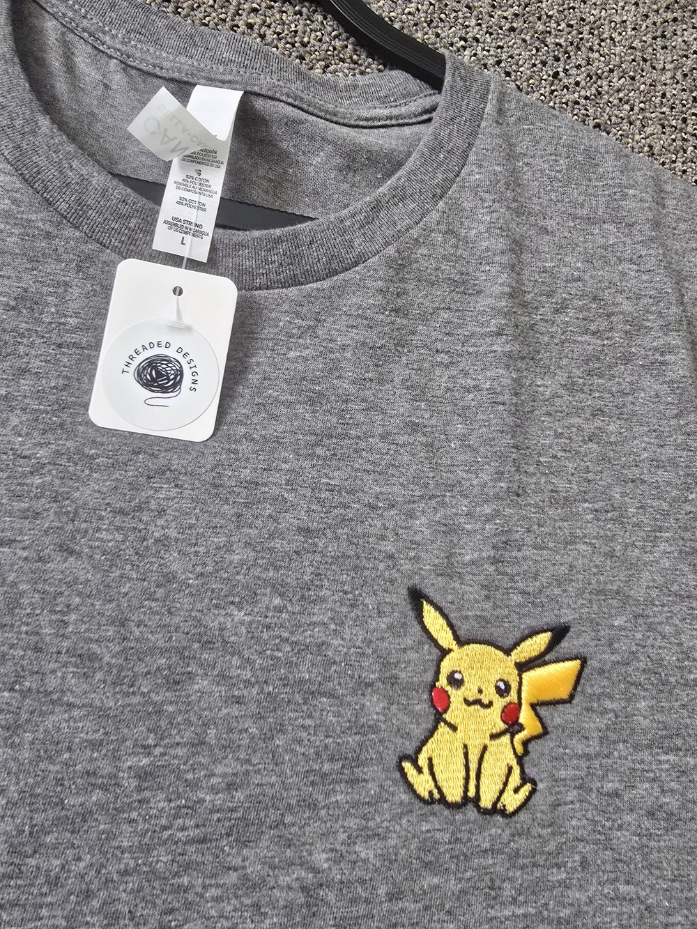 Pokemon Mens Gray Pikachu Embroidered Tee